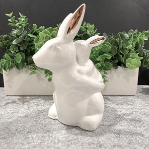 Mommy & Baby White & Gold Ceramic Easter Bunny Shabby Chic Sculpture Figure